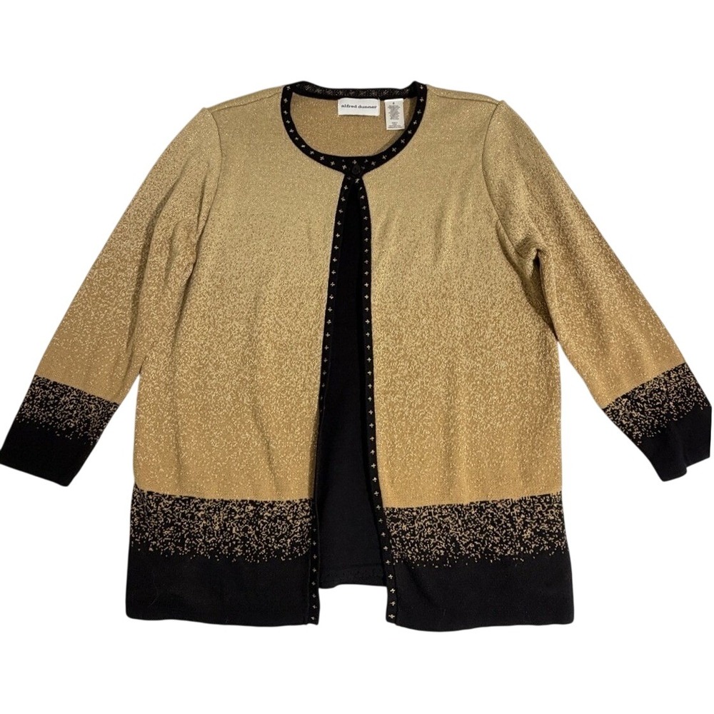 Alfred Dunner Gold Black Metallic Knit Studded Trim Cardigan Sweater Top S NWT